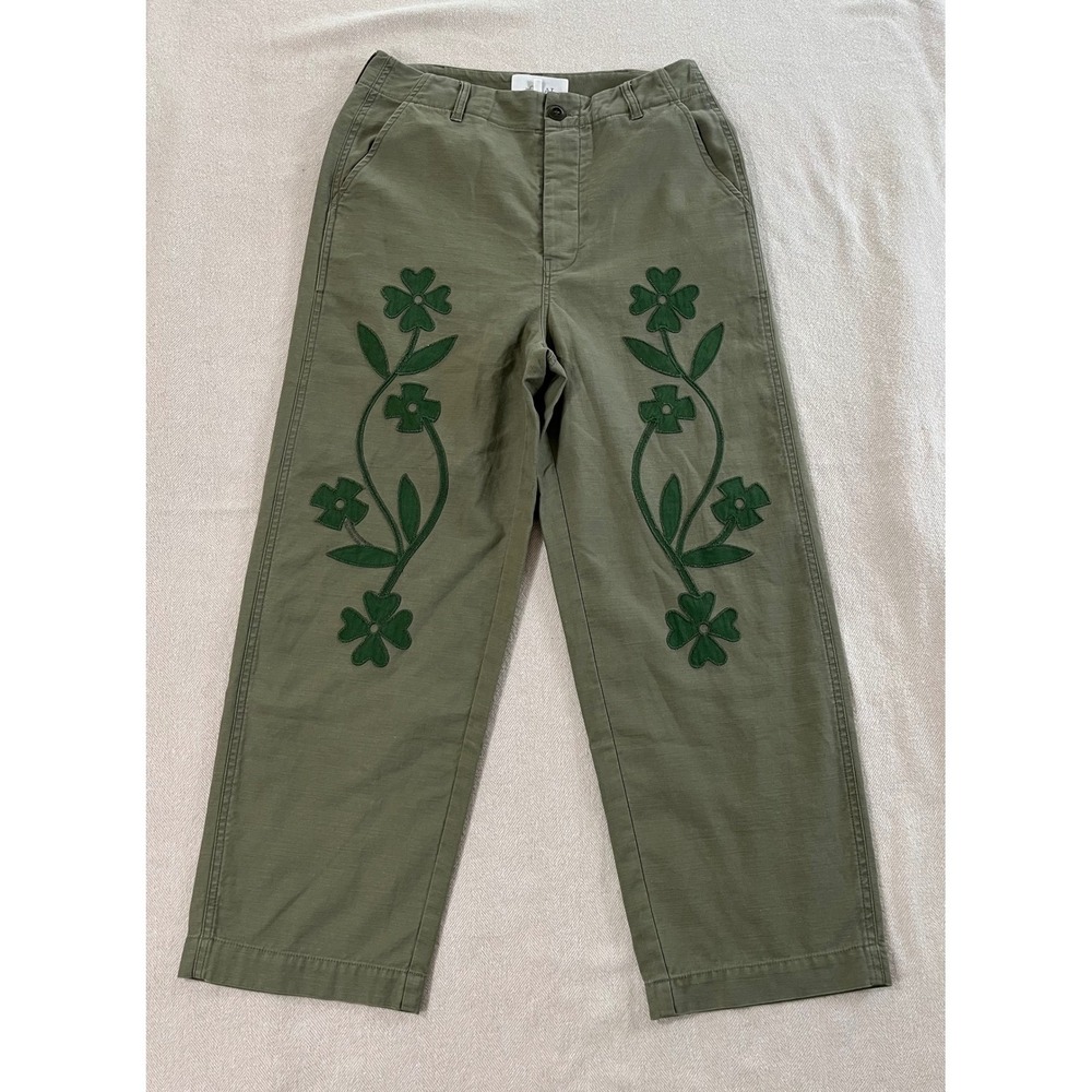 THE GREAT. Army Green Floral Applique Admiral Pants Women's Size 27(29) EUC